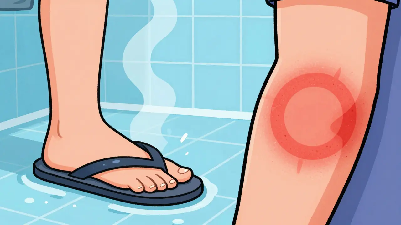 Illustration of a ring-shaped rash on an arm and a foot in a public shower with flip-flops.