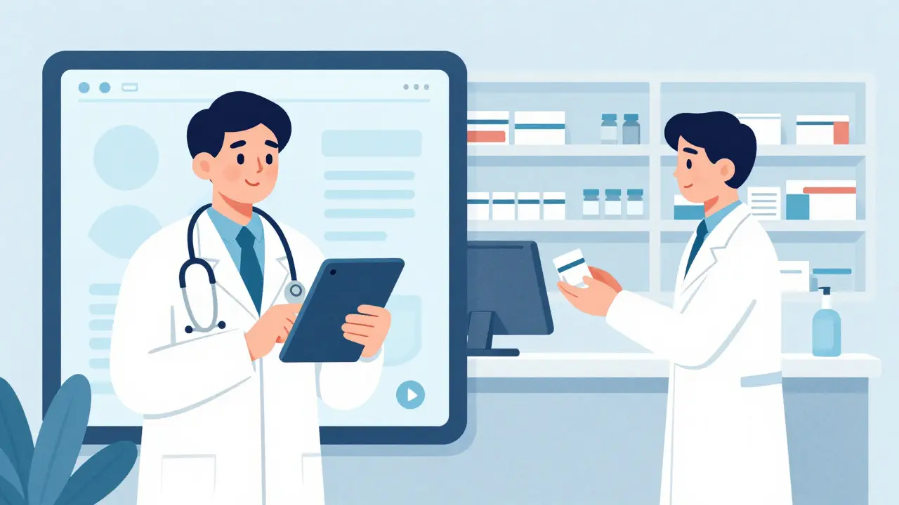 Split scene showing a telemedicine doctor on a tablet and a pharmacist at a counter