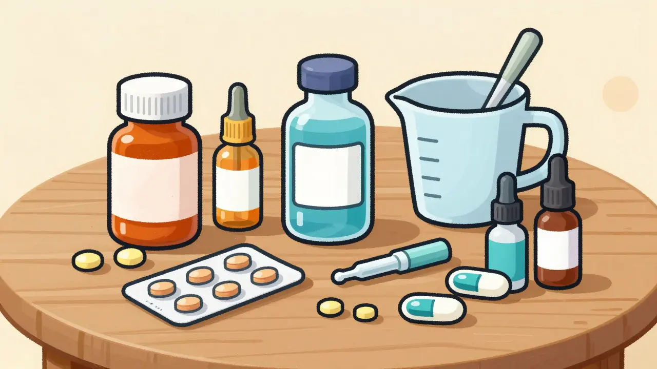 Various forms of ciprofloxacin including tablets, liquid suspension, and dropper bottles